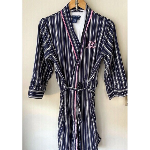 Vintage RALPH LAUREN Womens Robe XS/S Blue Striped Terry Lining Embroidered Logo - Picture 3 of 11